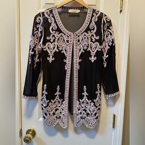 Simply Couture black sheer with embroidered appliqué jacket. Size Small